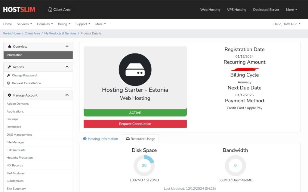 HostSlim Clients Area