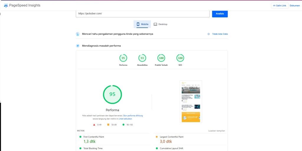 PageSpeed Test Result for Jackober.com Mobile 27-12-2025 (FastPixel Plugin Review)