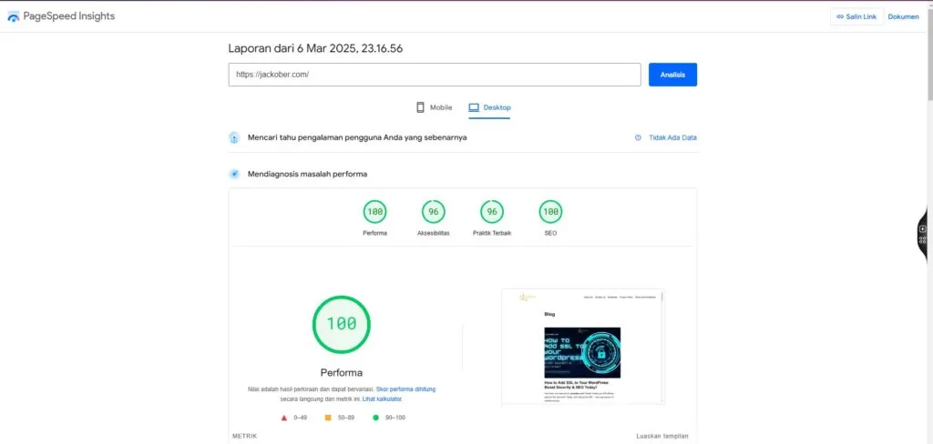 PageSpeed Insights Result for Jackober - Twenty-Twenty Five WordPress Themes